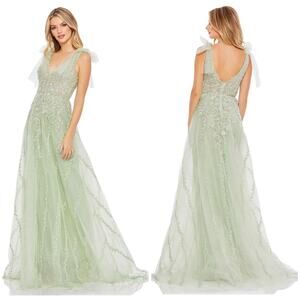 Mac Duggal Light Green Embroidered Tulle Maxi Gown